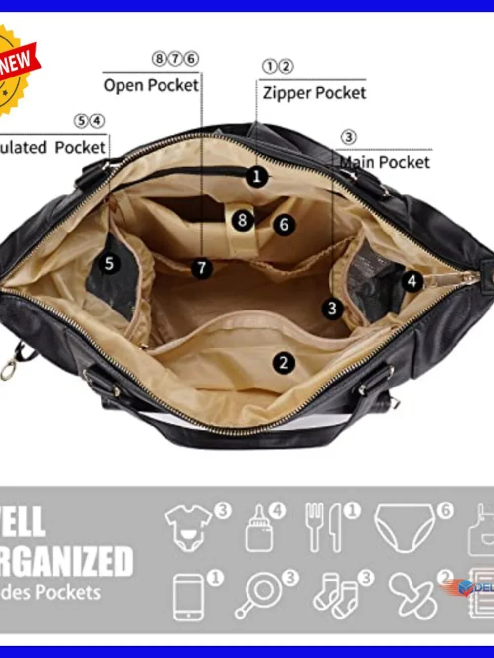 Large Leather Diaper Backpack Tote with 13 Pockets and Insulated Compartments